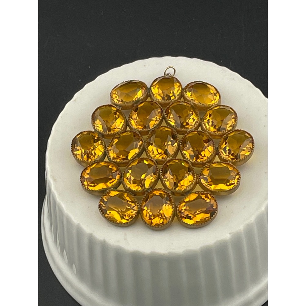 Vintage Open Back Topaz Glass Cluster Pendant Gold Tone Bohemian Statement